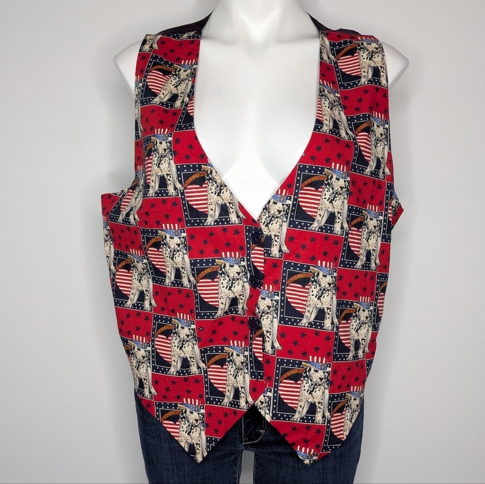 Vintage 111 Main Red White Blue Old Glory Patriotic Dalmatian 4th Of July Vest L